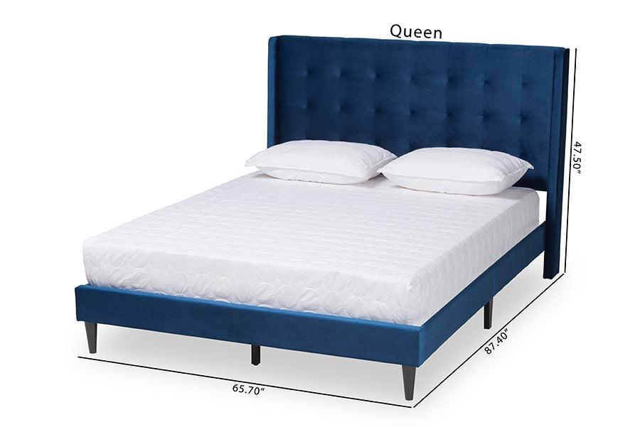 Gothard Modern and Contemporary Navy Blue Velvet Fabric Upholstered and Dark Brown Finished Wood King Size Platform Bed FredCo