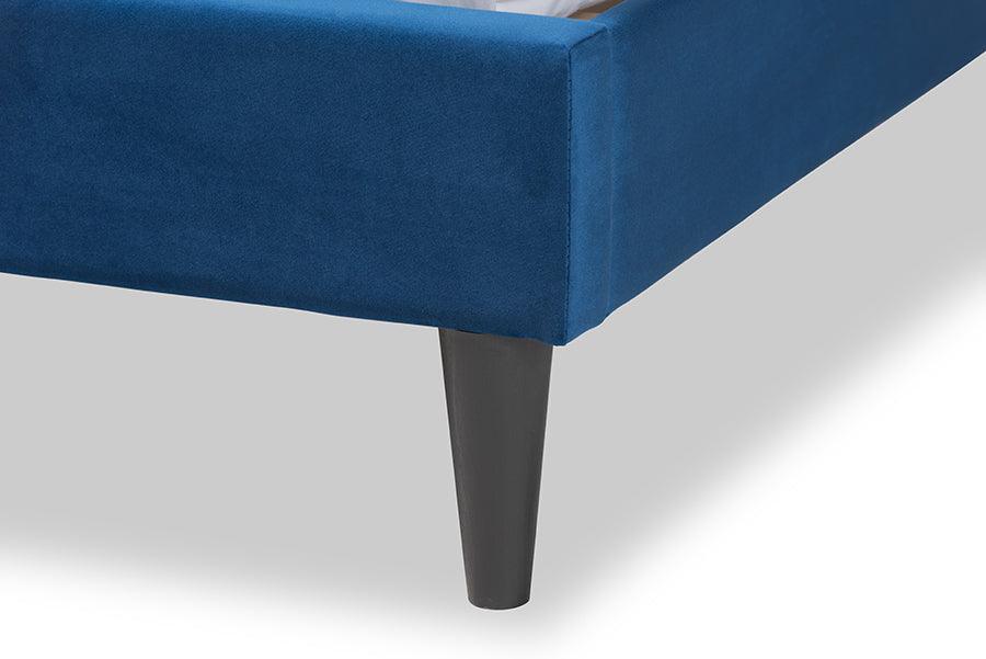 Gothard Modern and Contemporary Navy Blue Velvet Fabric Upholstered and Dark Brown Finished Wood King Size Platform Bed FredCo