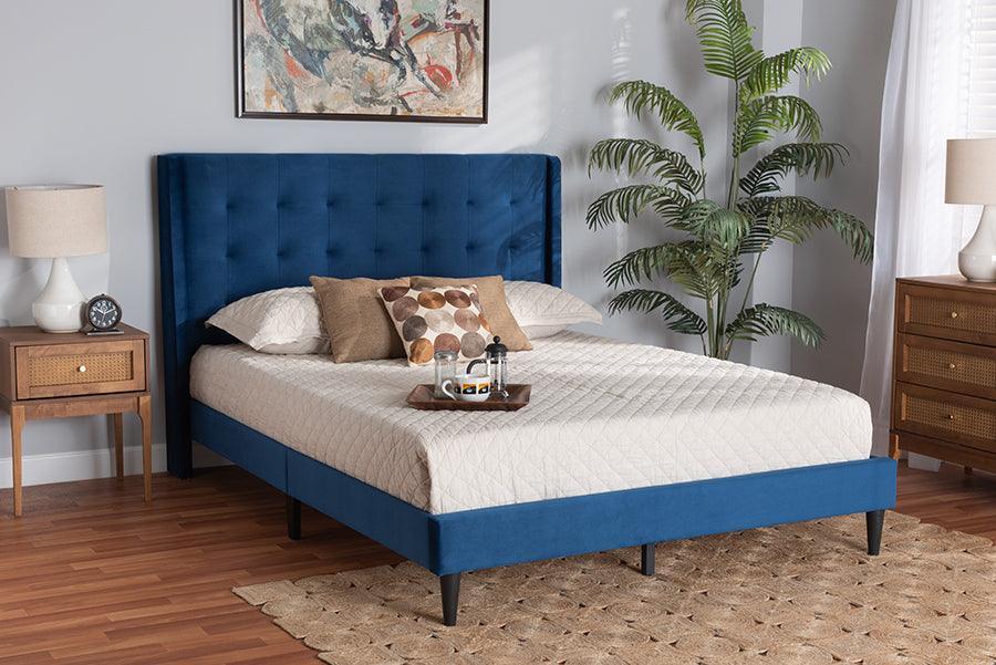 Gothard Modern and Contemporary Navy Blue Velvet Fabric Upholstered and Dark Brown Finished Wood King Size Platform Bed FredCo