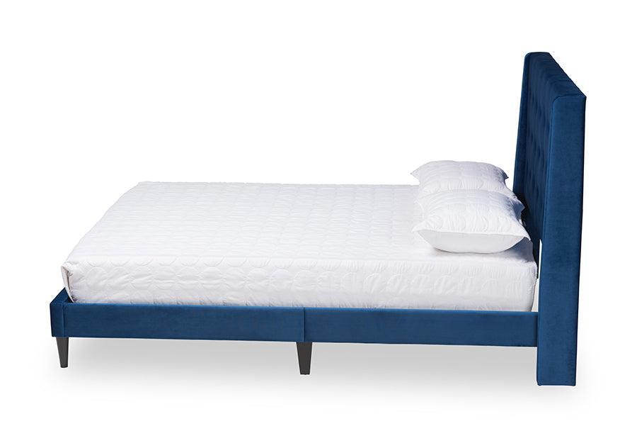 Gothard Modern and Contemporary Navy Blue Velvet Fabric Upholstered and Dark Brown Finished Wood King Size Platform Bed FredCo