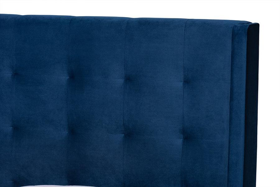 Gothard Modern and Contemporary Navy Blue Velvet Fabric Upholstered and Dark Brown Finished Wood King Size Platform Bed FredCo
