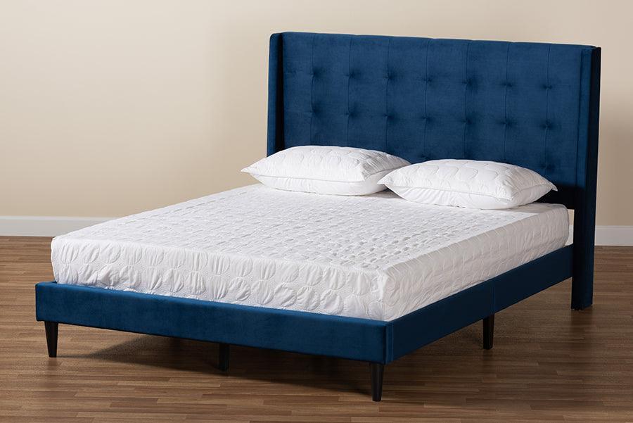 Gothard Modern and Contemporary Navy Blue Velvet Fabric Upholstered and Dark Brown Finished Wood King Size Platform Bed FredCo