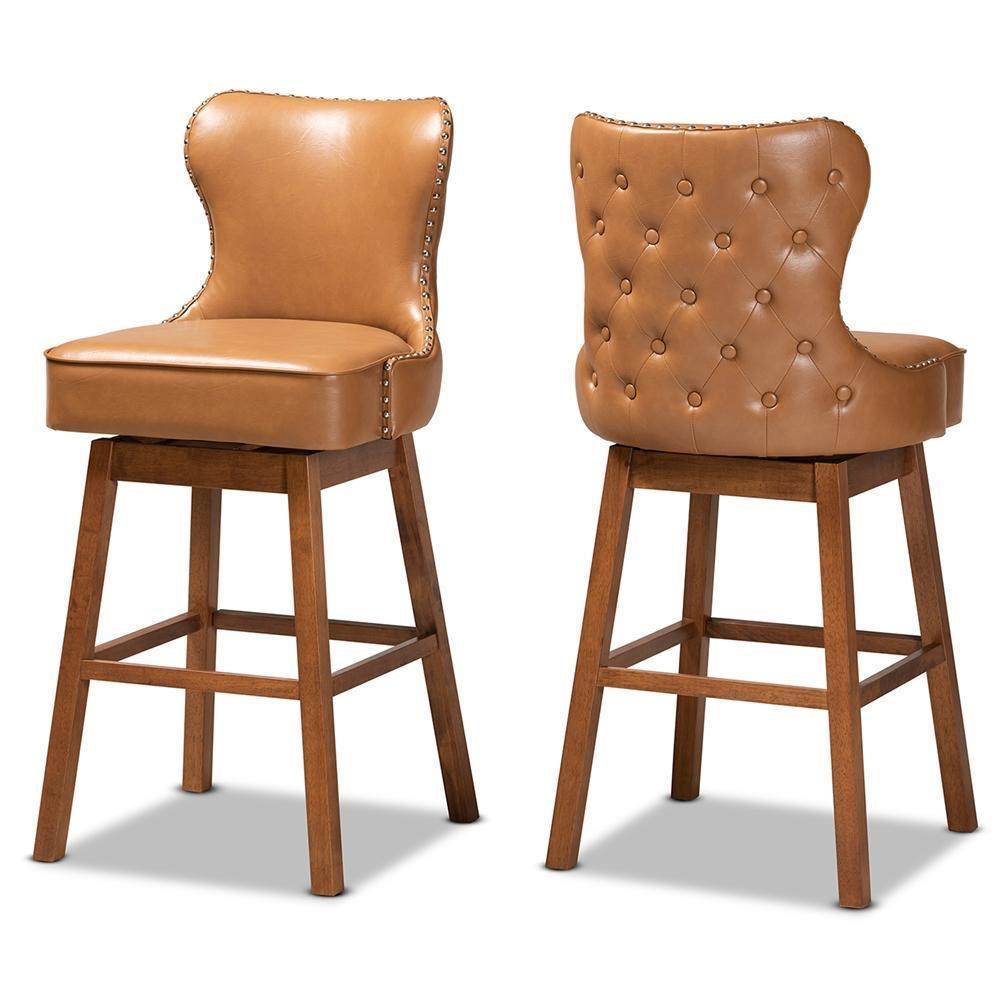 Gradisca Modern and Contemporary Tan Faux Leather Upholstered and Walnut Brown Finished Wood 2-Piece Swivel Bar Stool Set FredCo