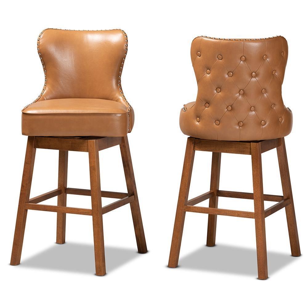 Gradisca Modern and Contemporary Tan Faux Leather Upholstered and Walnut Brown Finished Wood 2-Piece Swivel Bar Stool Set FredCo