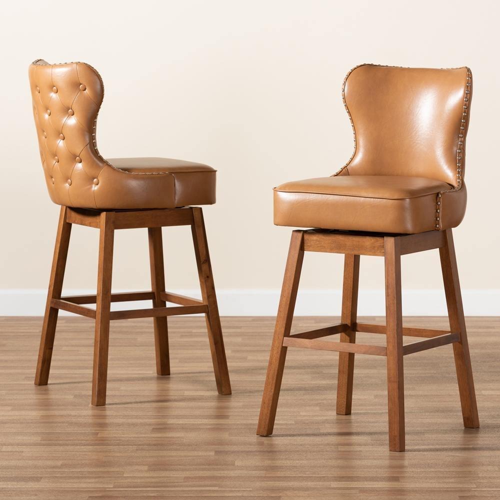 Gradisca Modern and Contemporary Tan Faux Leather Upholstered and Walnut Brown Finished Wood 2-Piece Swivel Bar Stool Set FredCo