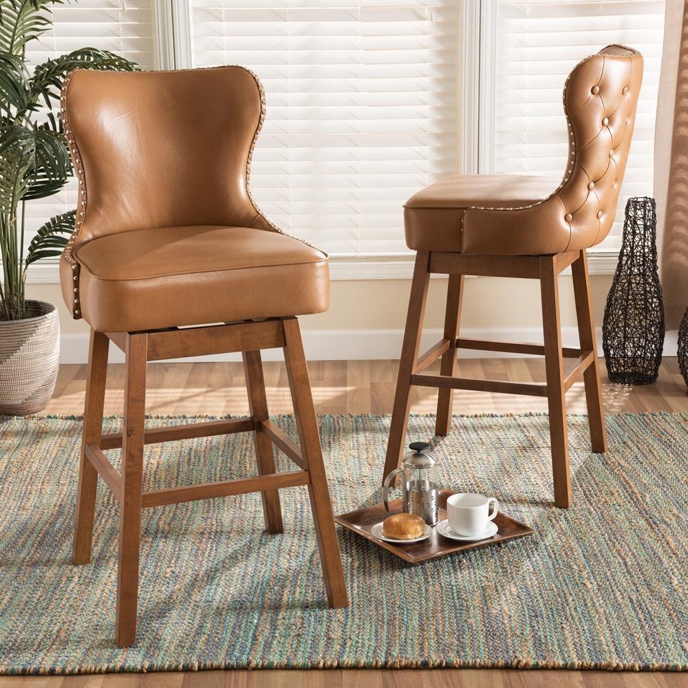 Gradisca Modern and Contemporary Tan Faux Leather Upholstered and Walnut Brown Finished Wood 2-Piece Swivel Bar Stool Set FredCo