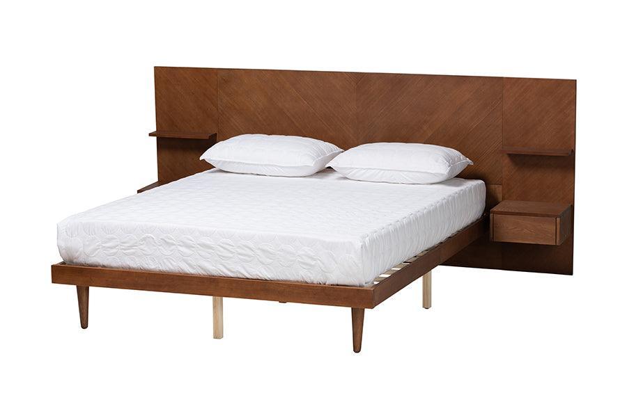 Graham Mid-Century Modern Transitional Ash Walnut Finished Wood Queen Size Platform Storage Bed with Built-In Nightstands FredCo