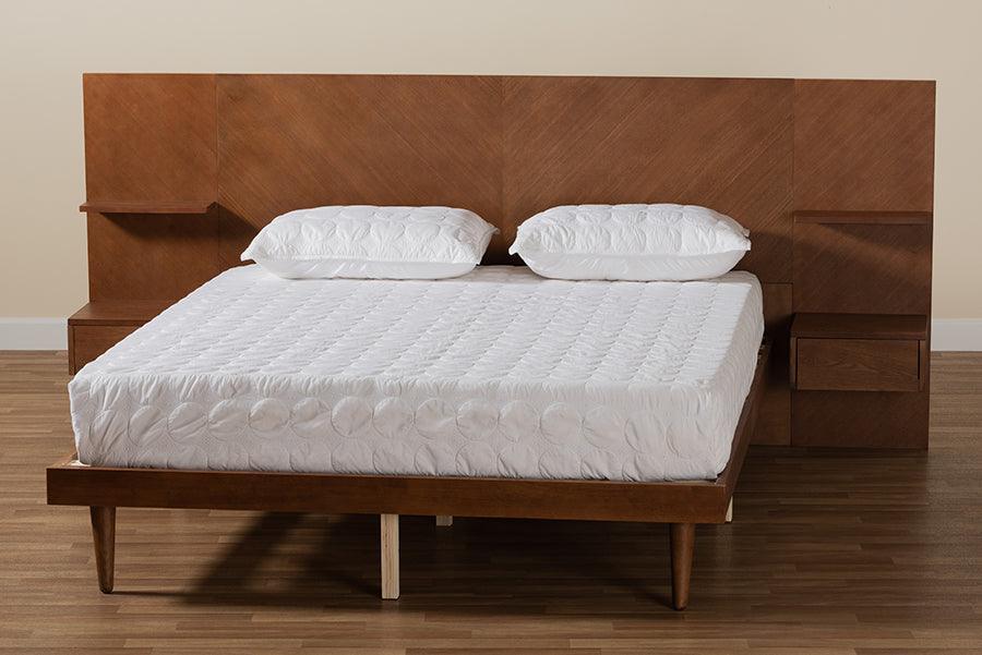 Graham Mid-Century Modern Transitional Ash Walnut Finished Wood Queen Size Platform Storage Bed with Built-In Nightstands FredCo