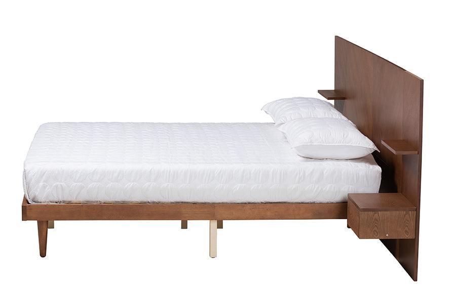 Graham Mid-Century Modern Transitional Ash Walnut Finished Wood Queen Size Platform Storage Bed with Built-In Nightstands FredCo
