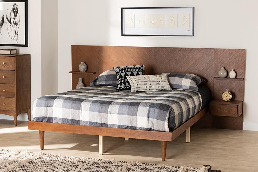 Graham Mid-Century Modern Transitional Ash Walnut Finished Wood Queen Size Platform Storage Bed with Built-In Nightstands FredCo