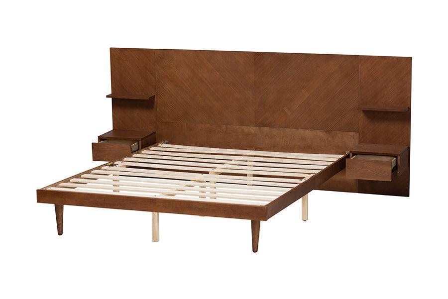 Graham Mid-Century Modern Transitional Ash Walnut Finished Wood Queen Size Platform Storage Bed with Built-In Nightstands FredCo