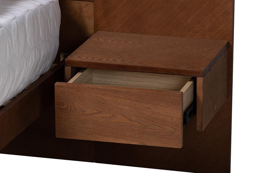 Graham Mid-Century Modern Transitional Ash Walnut Finished Wood Queen Size Platform Storage Bed with Built-In Nightstands FredCo