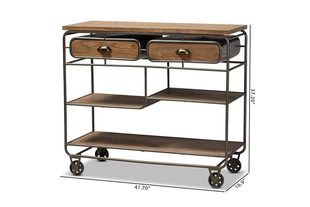 Grant Vintage Rustic Industrial Oak Brown Finished Wood and Black Finished Metal 2-Drawer Kitchen Cart FredCo