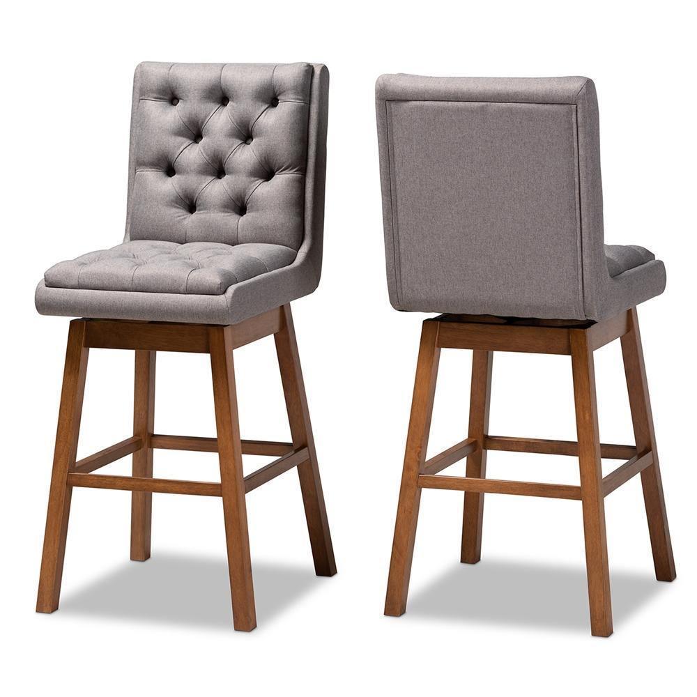 Gregory Modern Transitional Grey Fabric Upholstered and Walnut Brown Finished Wood 2-Piece Swivel Bar Stool Set FredCo