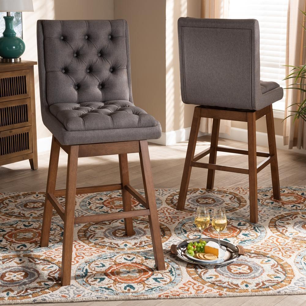 Gregory Modern Transitional Grey Fabric Upholstered and Walnut Brown Finished Wood 2-Piece Swivel Bar Stool Set FredCo