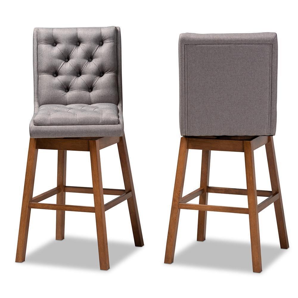 Gregory Modern Transitional Grey Fabric Upholstered and Walnut Brown Finished Wood 2-Piece Swivel Bar Stool Set FredCo