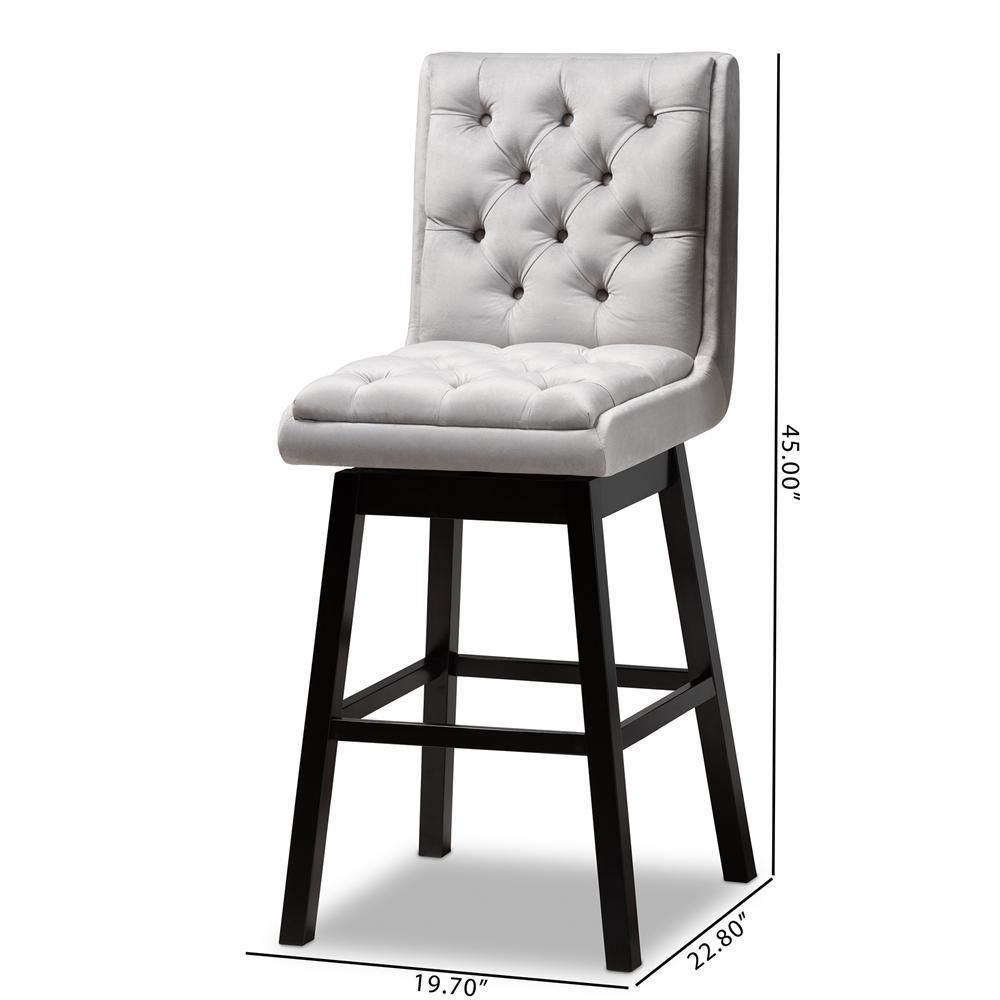 Gregory Modern Transitional Light Grey Velvet Fabric Upholstered and Dark Brown Finished Wood 2-Piece Swivel Bar Stool Set FredCo