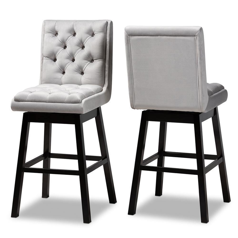 Gregory Modern Transitional Light Grey Velvet Fabric Upholstered and Dark Brown Finished Wood 2-Piece Swivel Bar Stool Set FredCo