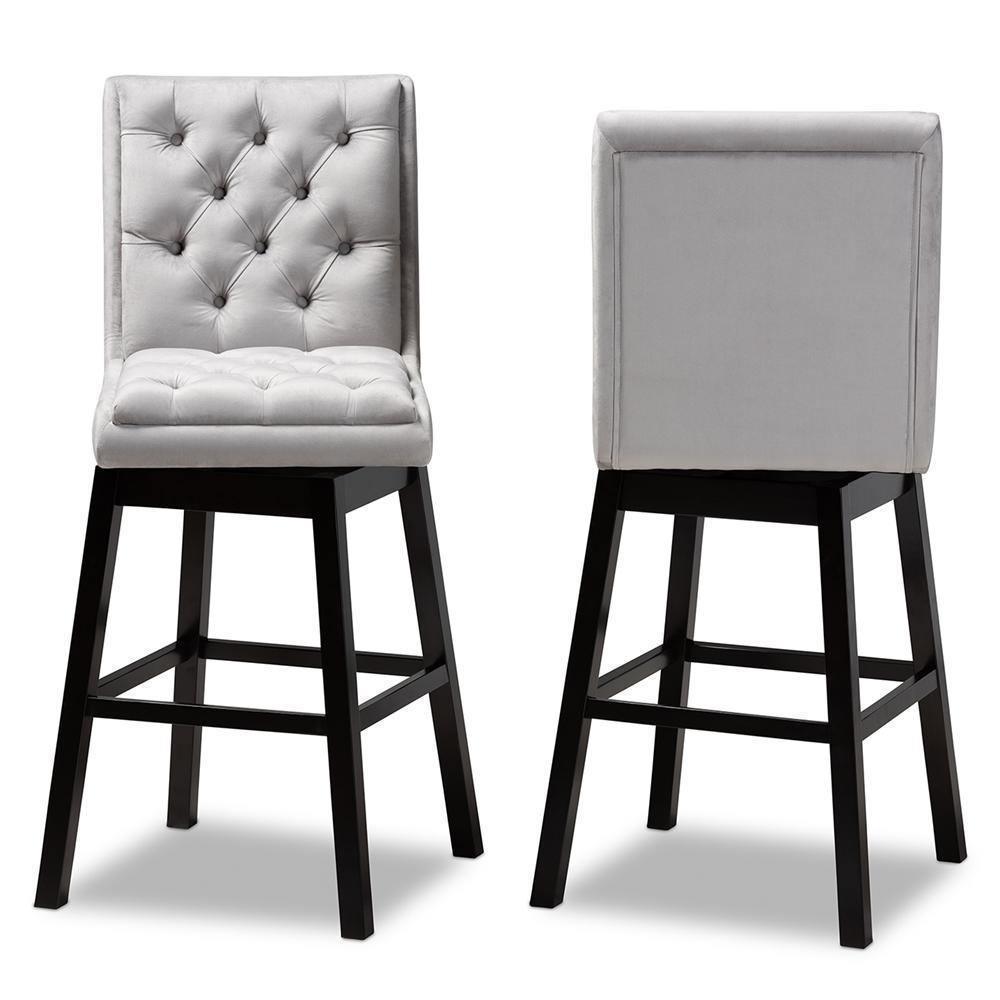 Gregory Modern Transitional Light Grey Velvet Fabric Upholstered and Dark Brown Finished Wood 2-Piece Swivel Bar Stool Set FredCo