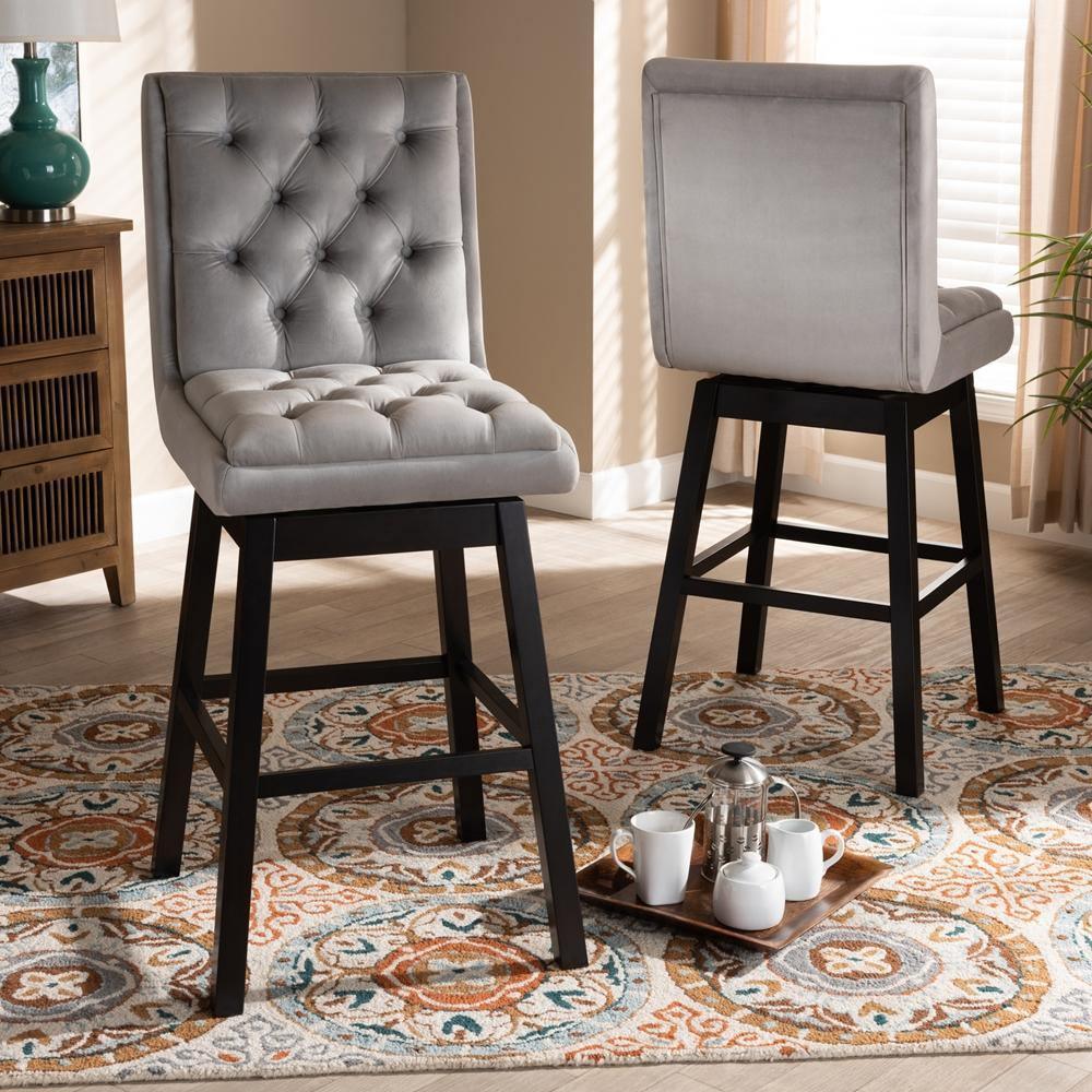 Gregory Modern Transitional Light Grey Velvet Fabric Upholstered and Dark Brown Finished Wood 2-Piece Swivel Bar Stool Set FredCo