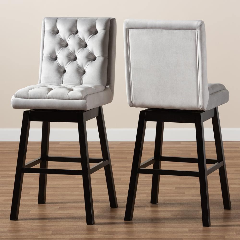 Gregory Modern Transitional Light Grey Velvet Fabric Upholstered and Dark Brown Finished Wood 2-Piece Swivel Bar Stool Set FredCo