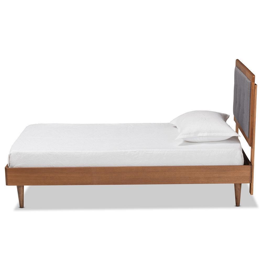 Greta Mid-Century Modern Dark Grey Fabric Upholstered and Walnut Brown Finished Wood Twin Size Platform Bed FredCo