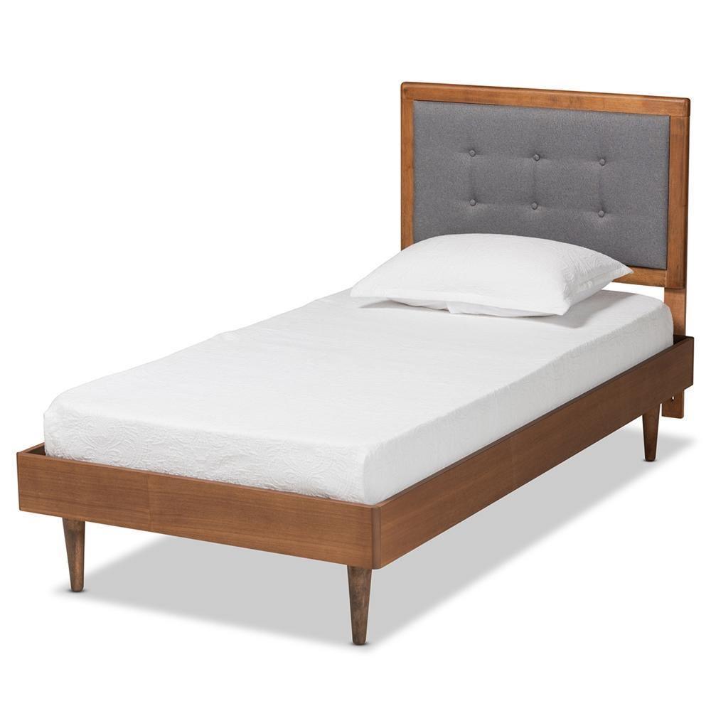 Greta Mid-Century Modern Dark Grey Fabric Upholstered and Walnut Brown Finished Wood Twin Size Platform Bed FredCo