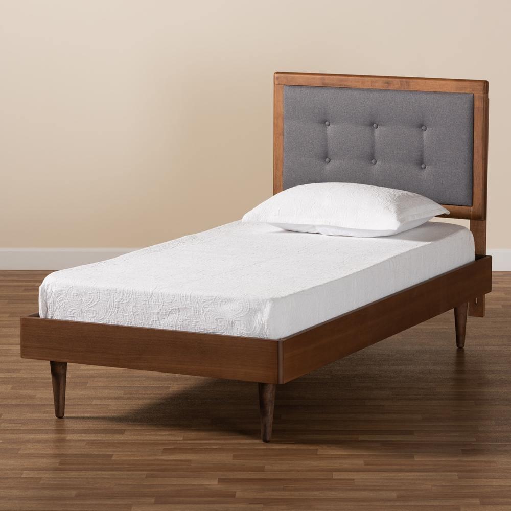 Greta Mid-Century Modern Dark Grey Fabric Upholstered and Walnut Brown Finished Wood Twin Size Platform Bed FredCo