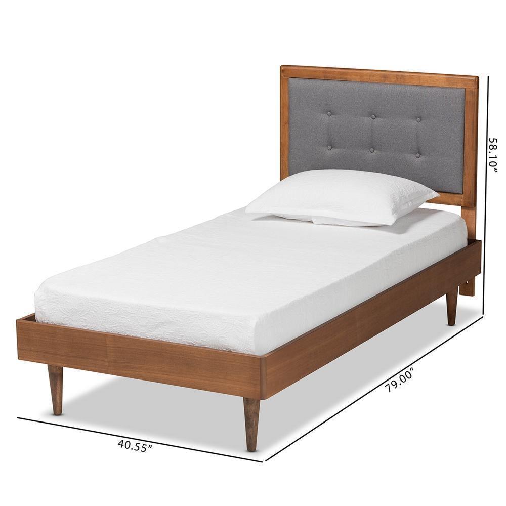 Greta Mid-Century Modern Dark Grey Fabric Upholstered and Walnut Brown Finished Wood Twin Size Platform Bed FredCo