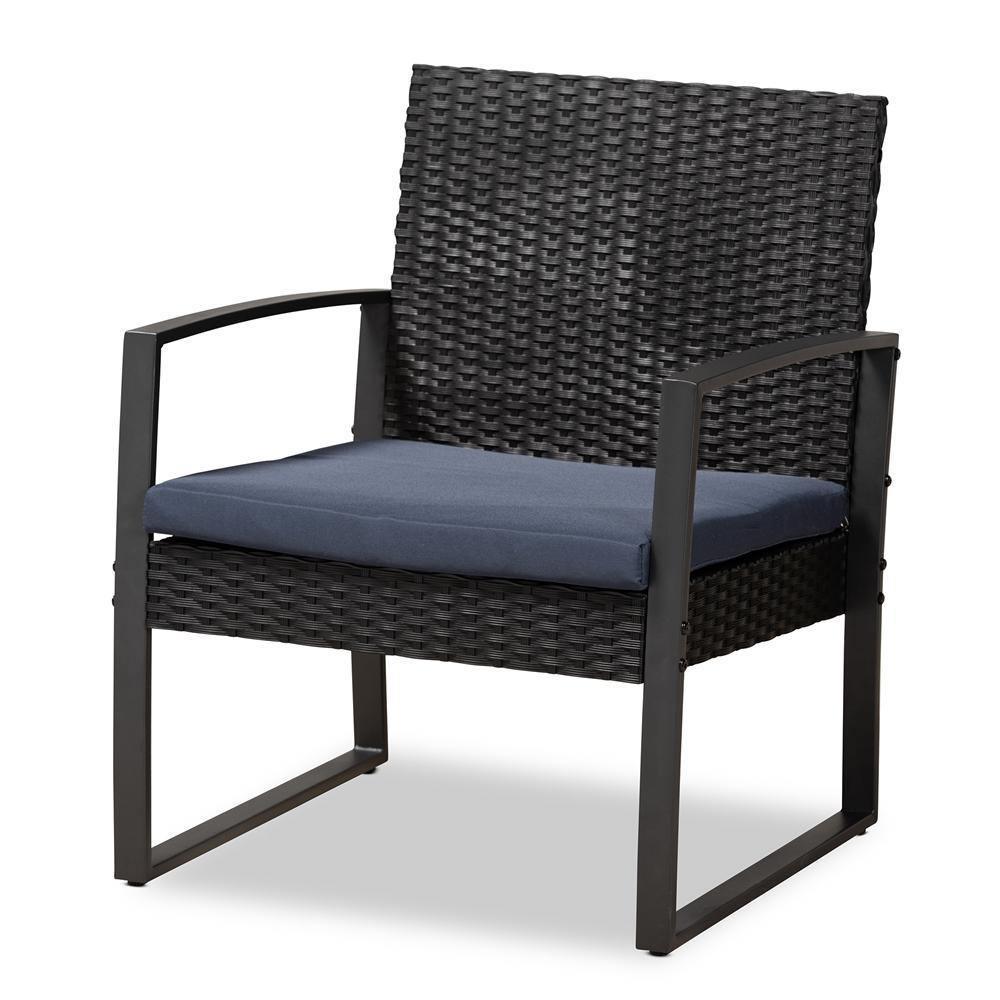 Greta Modern and Contemporary Dark Blue Fabric Upholstered and Black Finished Metal and Synthetic Rattan 4-Piece Patio Set FredCo