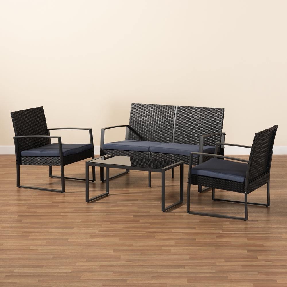 Greta Modern and Contemporary Dark Blue Fabric Upholstered and Black Finished Metal and Synthetic Rattan 4-Piece Patio Set FredCo