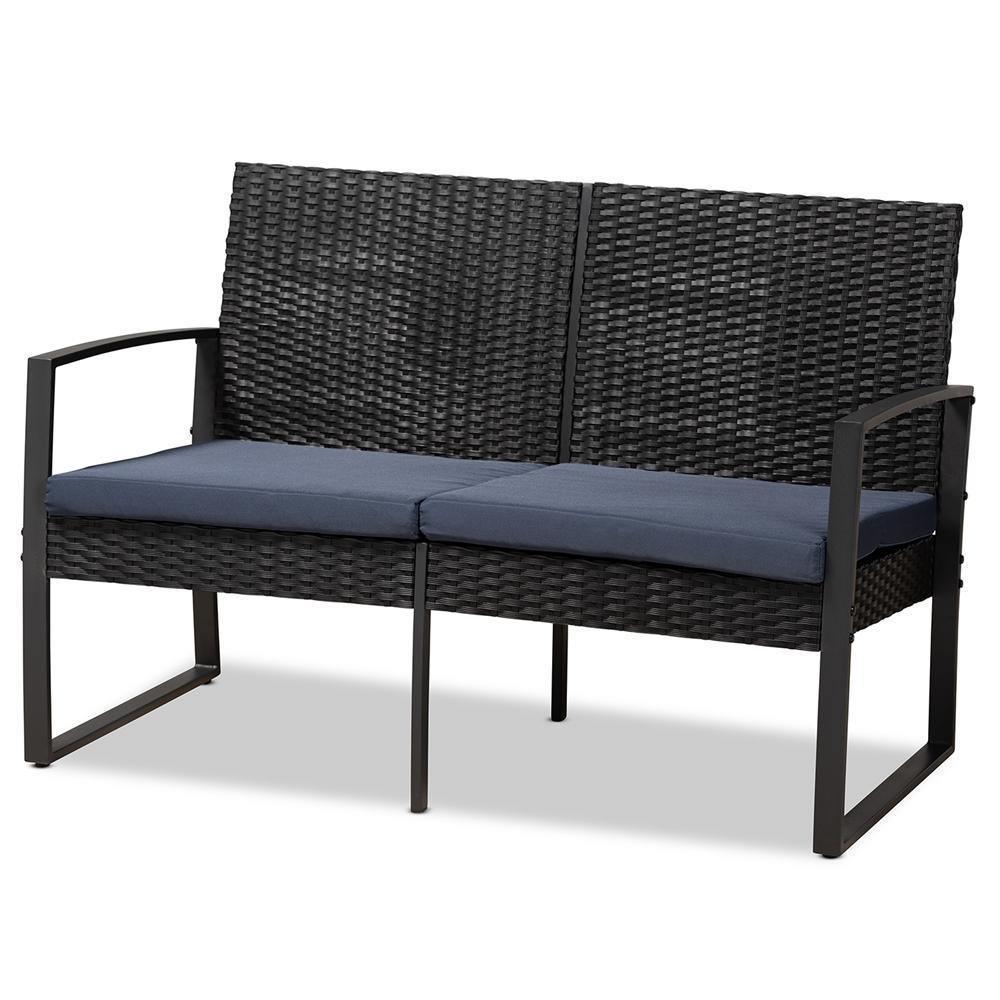 Greta Modern and Contemporary Dark Blue Fabric Upholstered and Black Finished Metal and Synthetic Rattan 4-Piece Patio Set FredCo