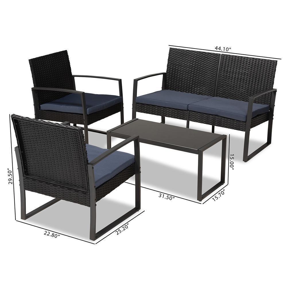 Greta Modern and Contemporary Dark Blue Fabric Upholstered and Black Finished Metal and Synthetic Rattan 4-Piece Patio Set FredCo