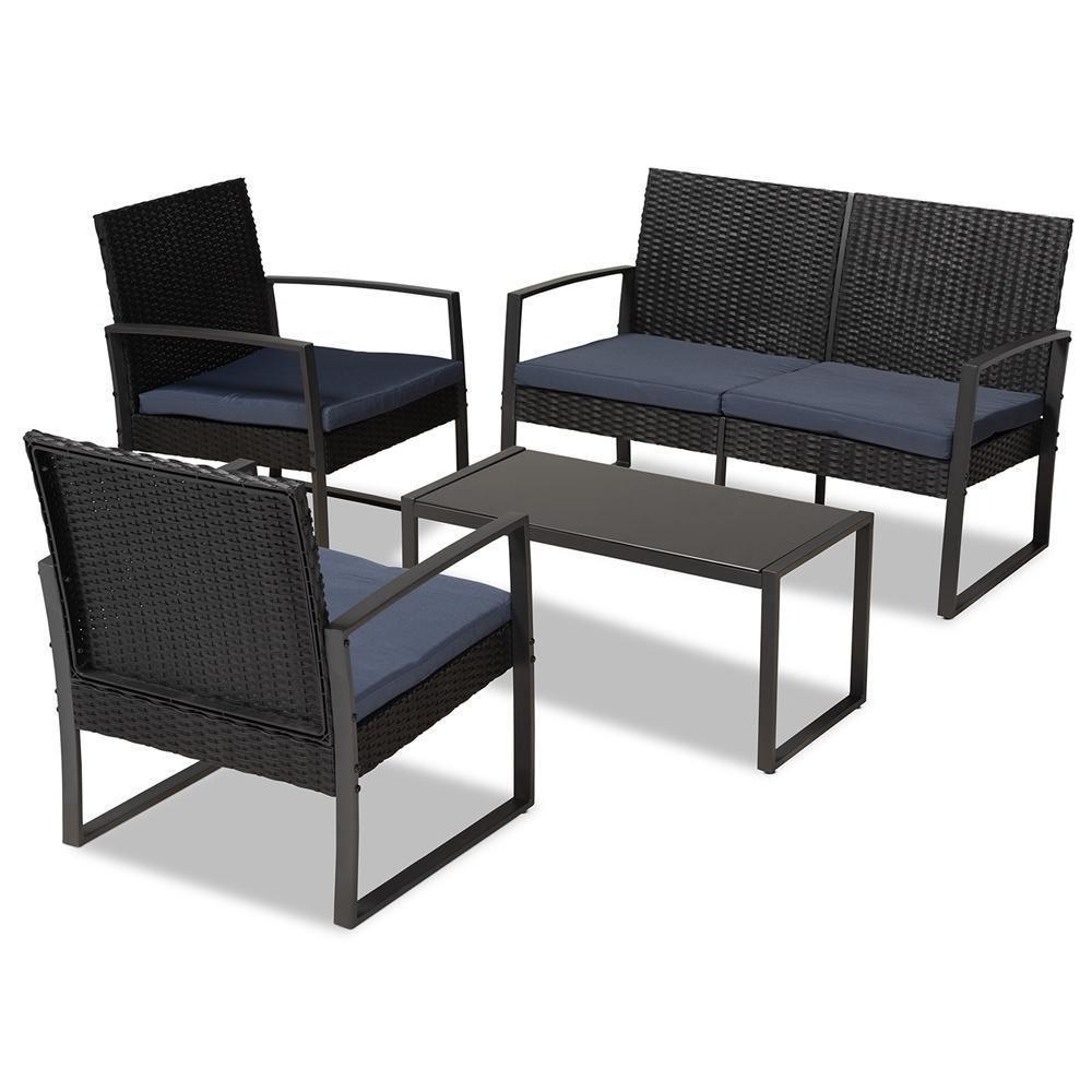 Greta Modern and Contemporary Dark Blue Fabric Upholstered and Black Finished Metal and Synthetic Rattan 4-Piece Patio Set FredCo