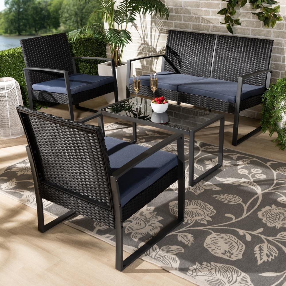 Greta Modern and Contemporary Dark Blue Fabric Upholstered and Black Finished Metal and Synthetic Rattan 4-Piece Patio Set FredCo