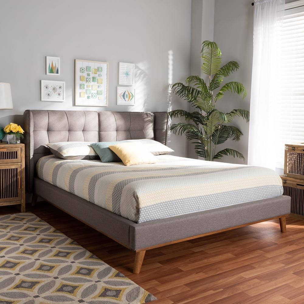 Gretchen Modern and Contemporary Grey Fabric Upholstered and Walnut Brown Finished Wood King Size Platform Wingback Bed FredCo