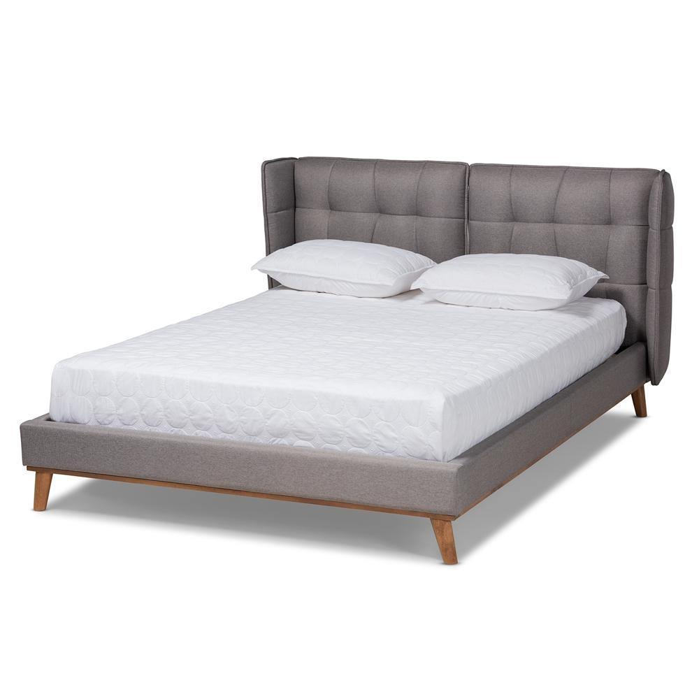Gretchen Modern and Contemporary Grey Fabric Upholstered and Walnut Brown Finished Wood King Size Platform Wingback Bed FredCo