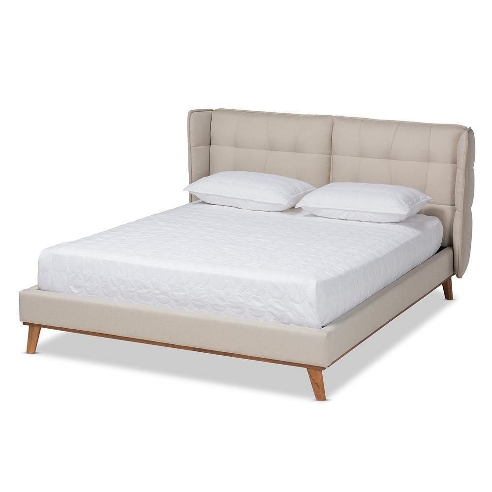 Gretchen Modern and Contemporary Light Beige Fabric Upholstered and Walnut Brown Finished Wood King Size Platform Wingback Bed FredCo