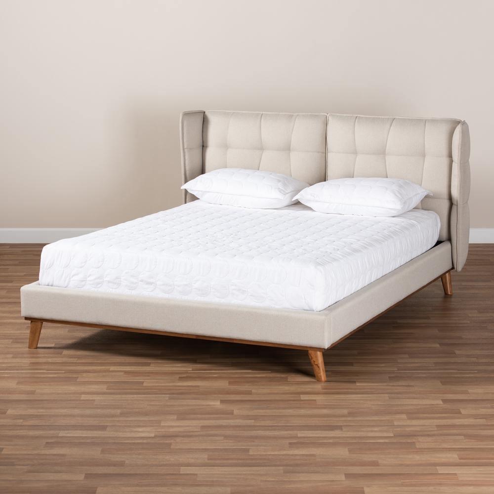 Gretchen Modern and Contemporary Light Beige Fabric Upholstered and Walnut Brown Finished Wood King Size Platform Wingback Bed FredCo