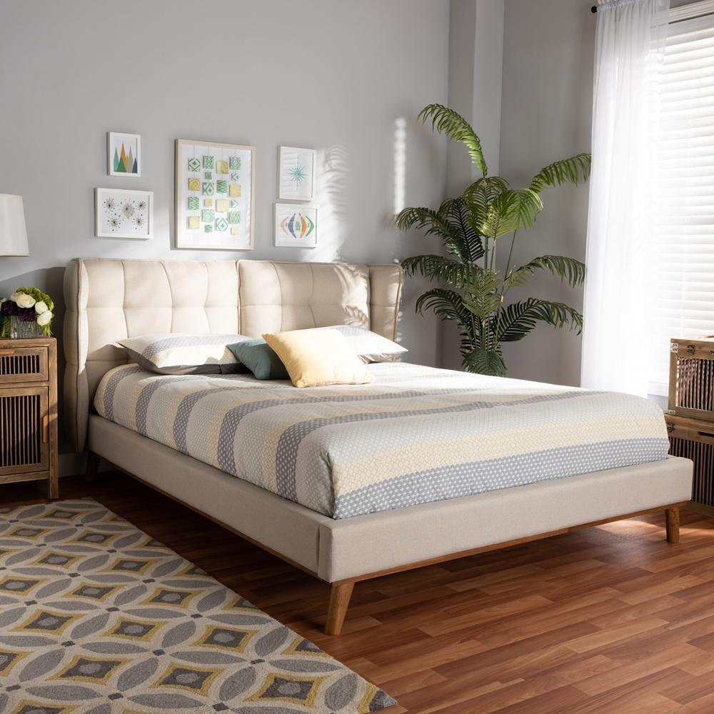Gretchen Modern and Contemporary Light Beige Fabric Upholstered and Walnut Brown Finished Wood King Size Platform Wingback Bed FredCo