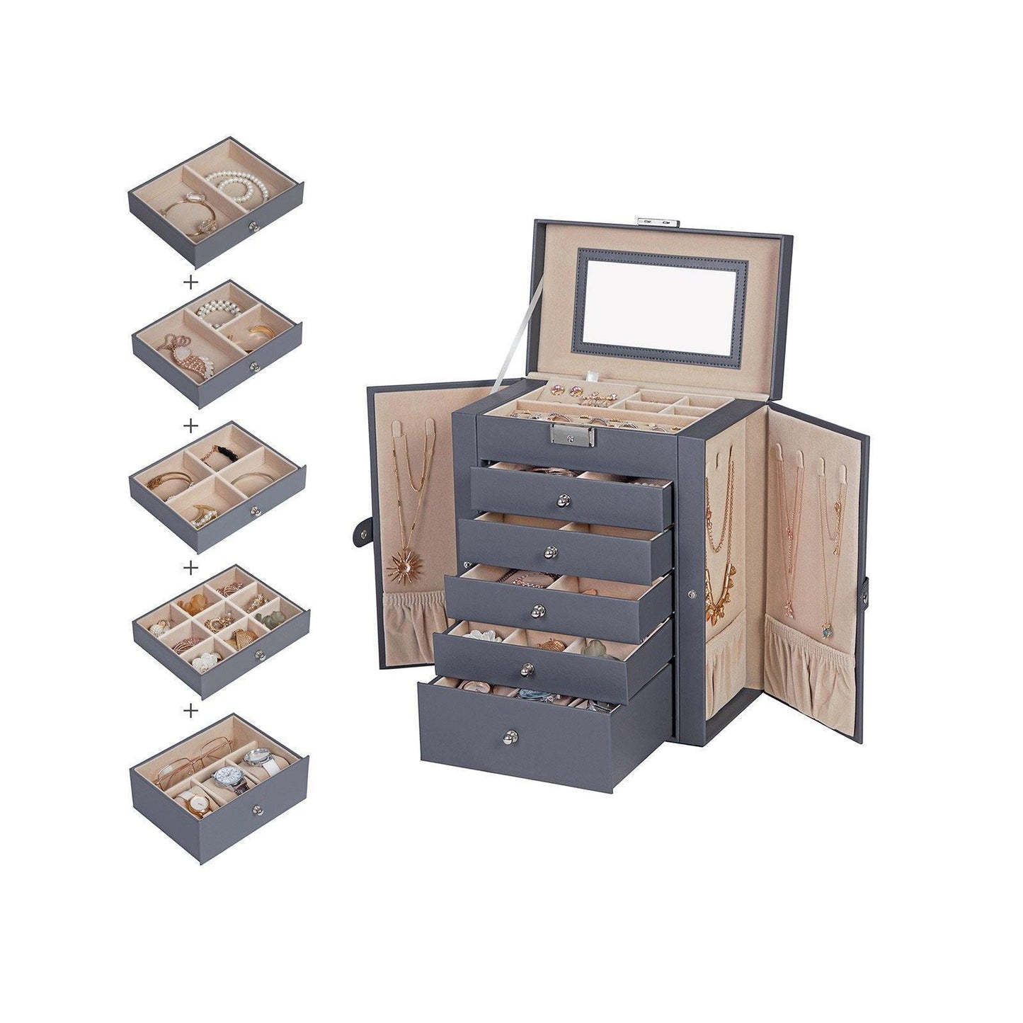 Grey Jewelry Storage Box with 6 Drawers FredCo