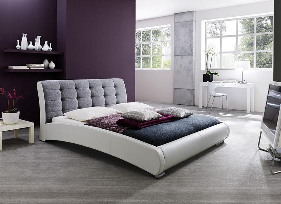 Guerin Contemporary White Faux Leather Grey Fabric Two Tone Upholstered Grid Tufted Queen-Size Platform BedOne (1) Queen Size Bed FredCo