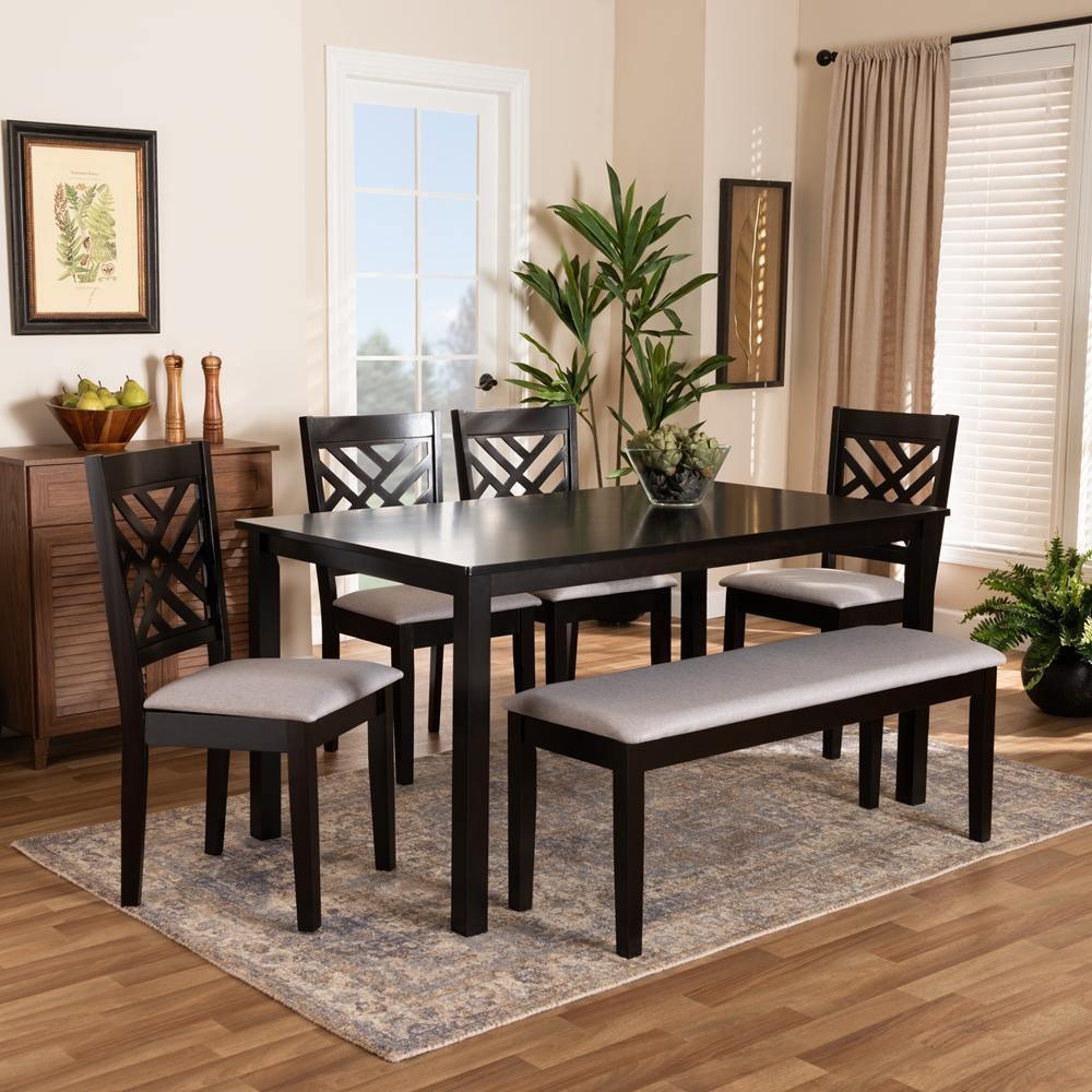 Gustavo Modern and Contemporary Grey Fabric Upholstered and Dark Brown Finished Wood 6-Piece Dining Set FredCo
