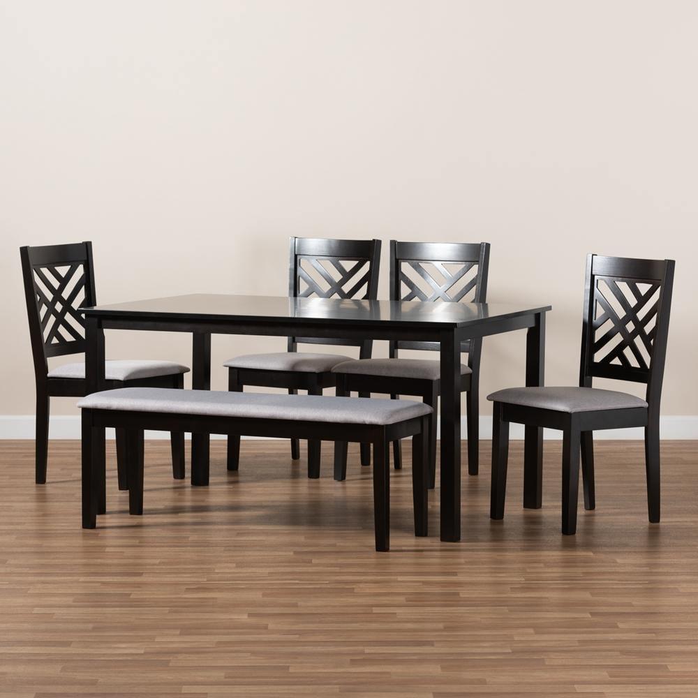 Gustavo Modern and Contemporary Grey Fabric Upholstered and Dark Brown Finished Wood 6-Piece Dining Set FredCo