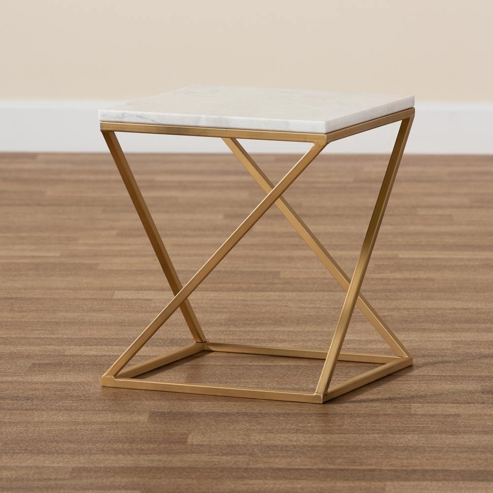 Hadley Modern and Contemporary Gold Finished Metal End Table with Marble Tabletop FredCo