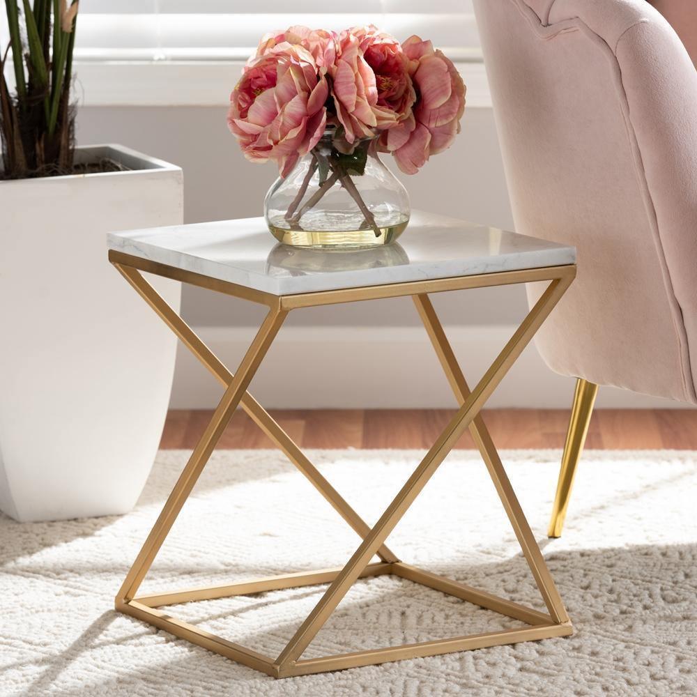 Hadley Modern and Contemporary Gold Finished Metal End Table with Marble Tabletop FredCo