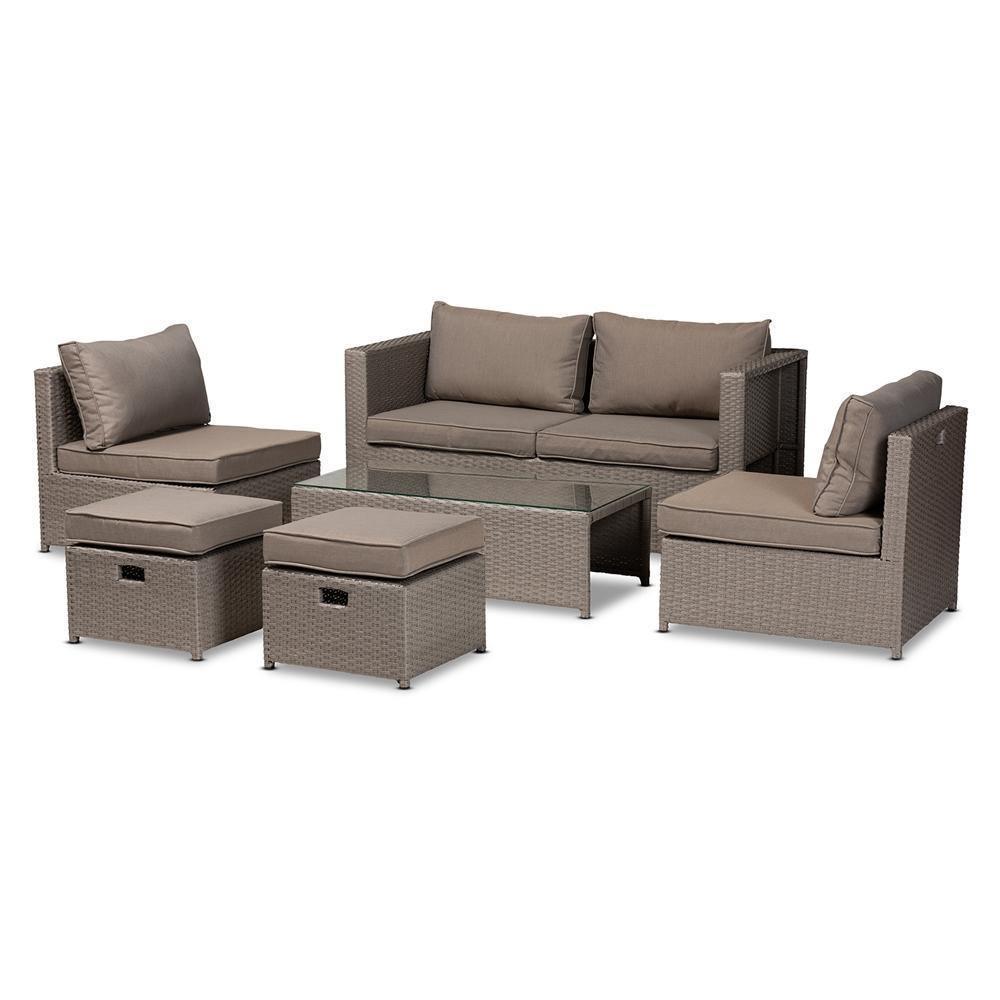 Haina Modern and Contemporary Grey Fabric Upholstered and Grey Finished Synthetic Rattan 6-Piece Patio Set FredCo