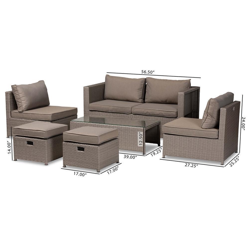 Haina Modern and Contemporary Grey Fabric Upholstered and Grey Finished Synthetic Rattan 6-Piece Patio Set FredCo