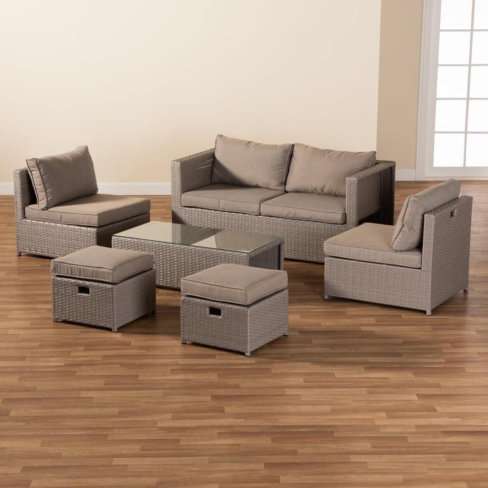 Haina Modern and Contemporary Grey Fabric Upholstered and Grey Finished Synthetic Rattan 6-Piece Patio Set FredCo