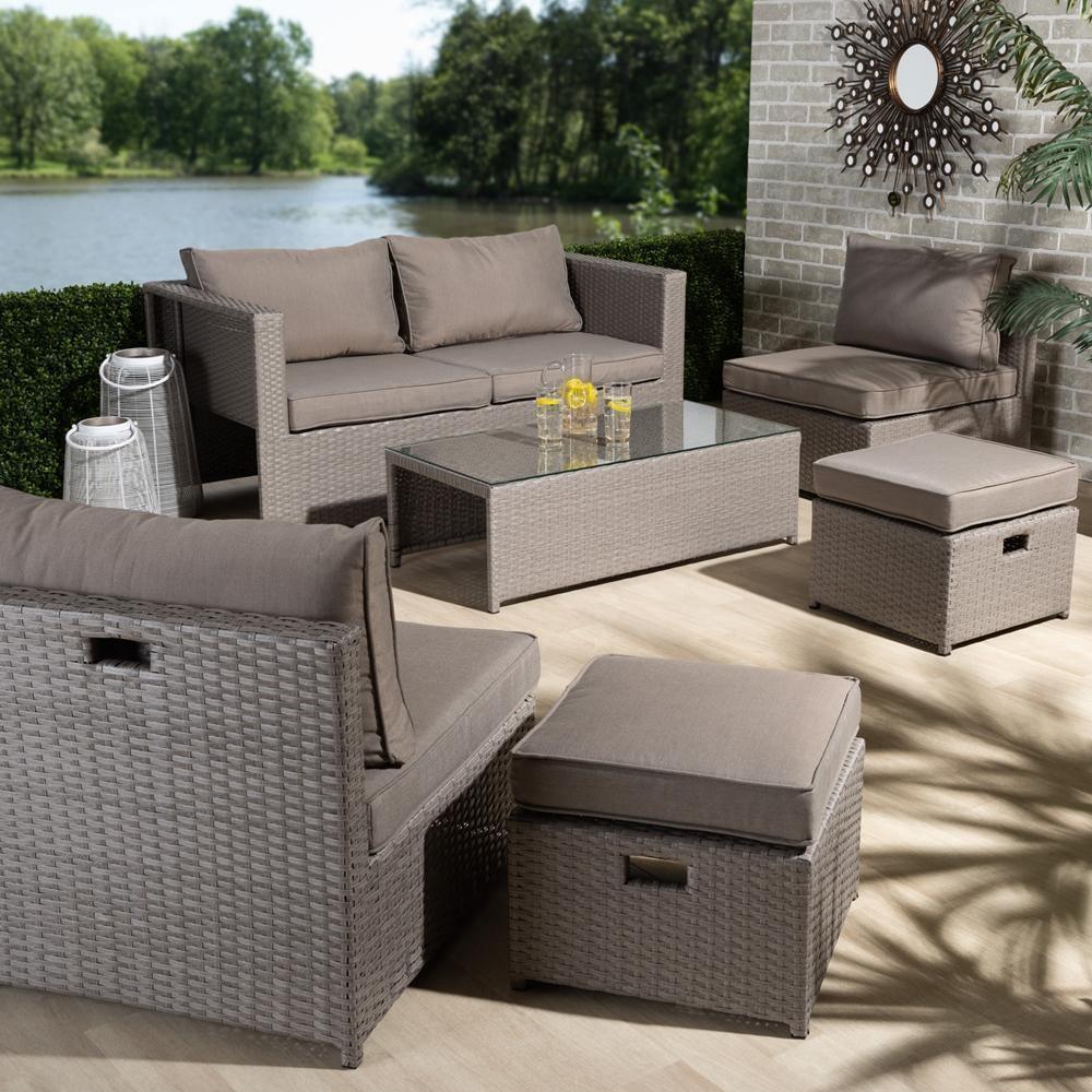 Haina Modern and Contemporary Grey Fabric Upholstered and Grey Finished Synthetic Rattan 6-Piece Patio Set FredCo